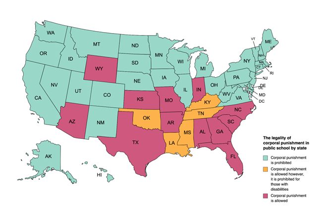 Map showing Corporal Punishment status in the United States